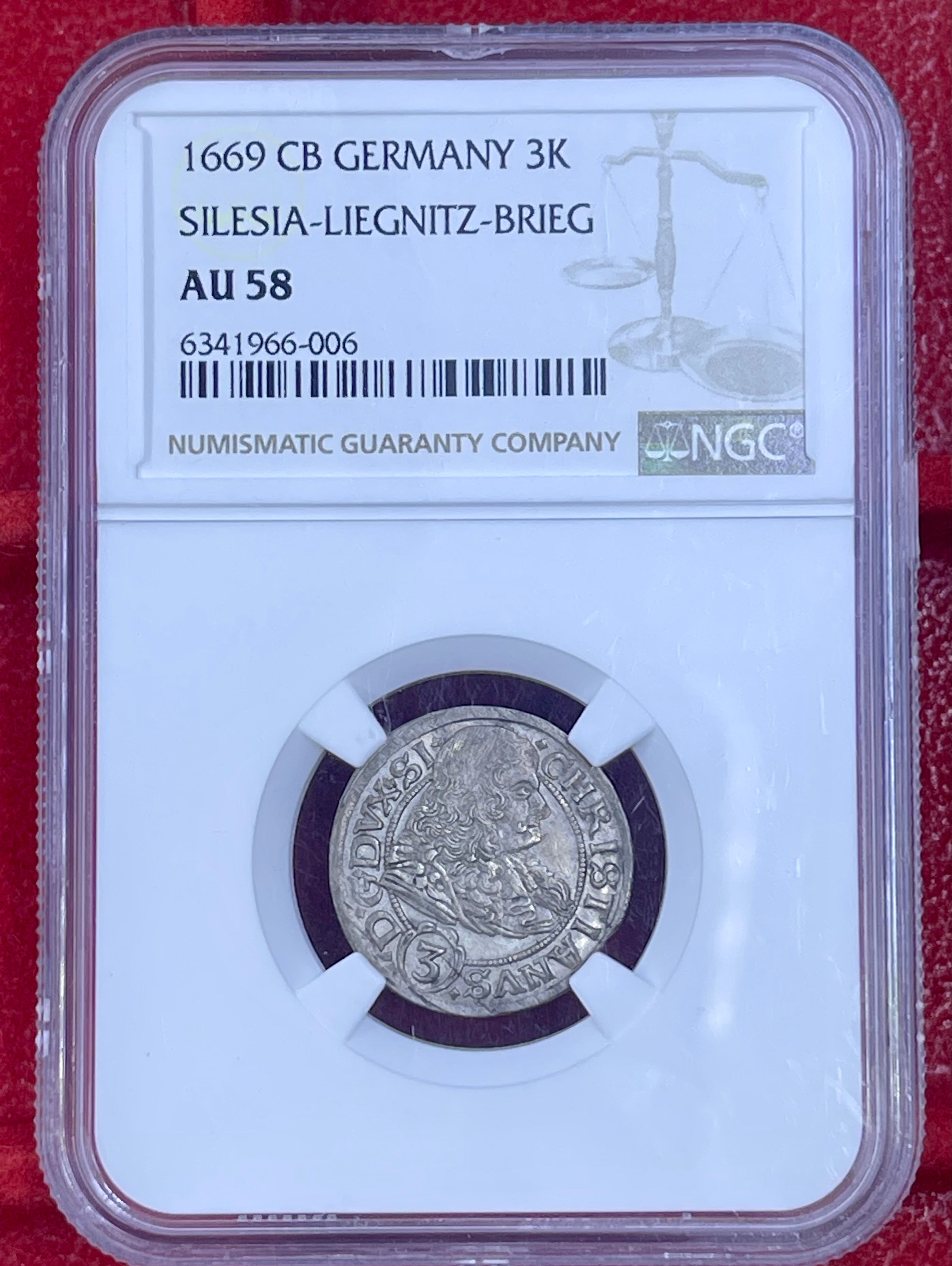 1669 CB German States Silesia Liegnitz Breig 3 Kreuzer, NGC AU 58, Germany Silver Coin