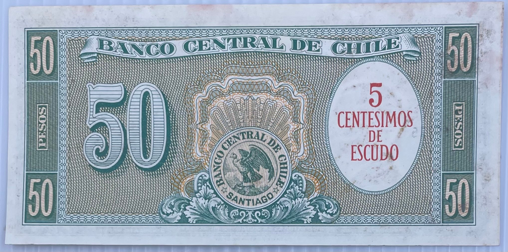 Chile 1060-1961 50 Centesimos P-126 AUNC Overprint on 50 Pesos World Banknote From Lot