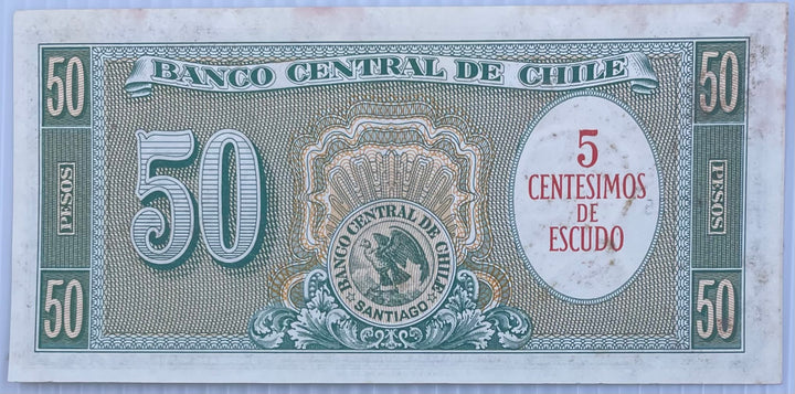 Chile 1060-1961 50 Centesimos P-126 AUNC Overprint on 50 Pesos World Banknote From Lot