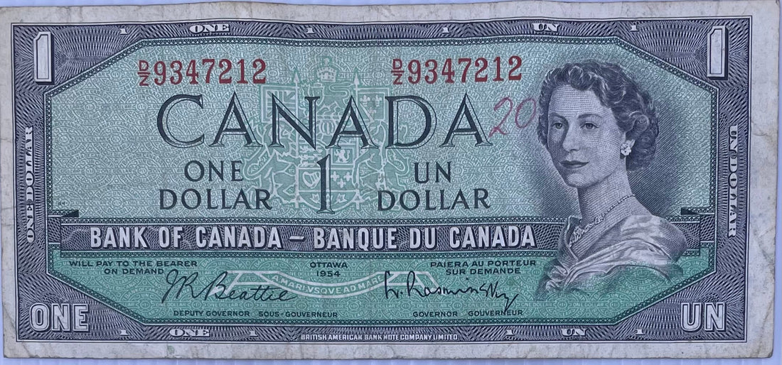 1954 Canada 1 Dollar banknote featuring Queen Elizabeth II in circulated condition