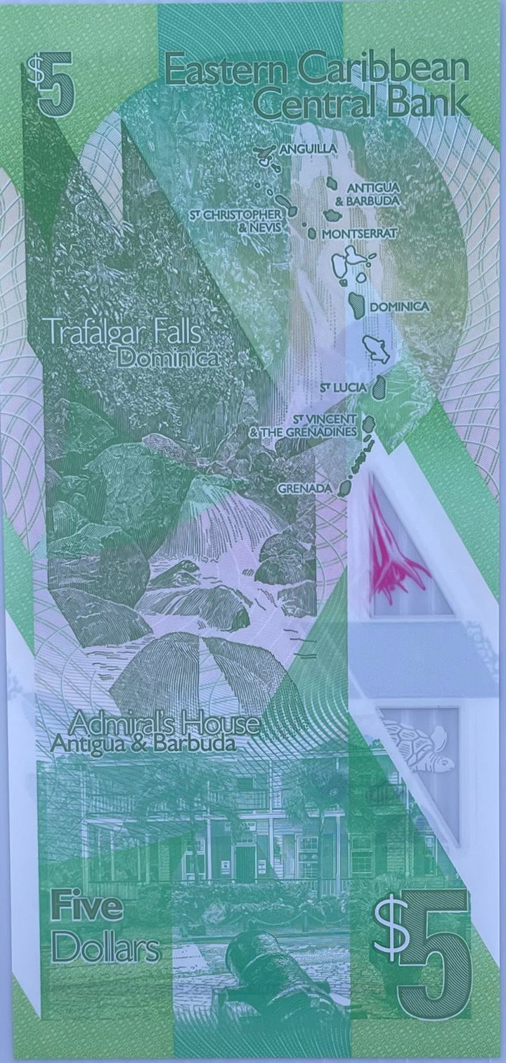 East Caribbean States 5 Dollars 2021  P-56, UNC, Banknote Polymer