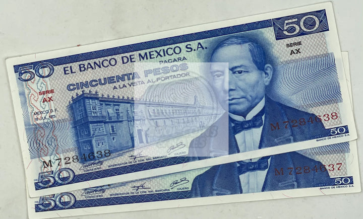 2 Mexico 1973 50 Pesos P-65a.BA UNC World Banknote - Cool Coins & Notes
