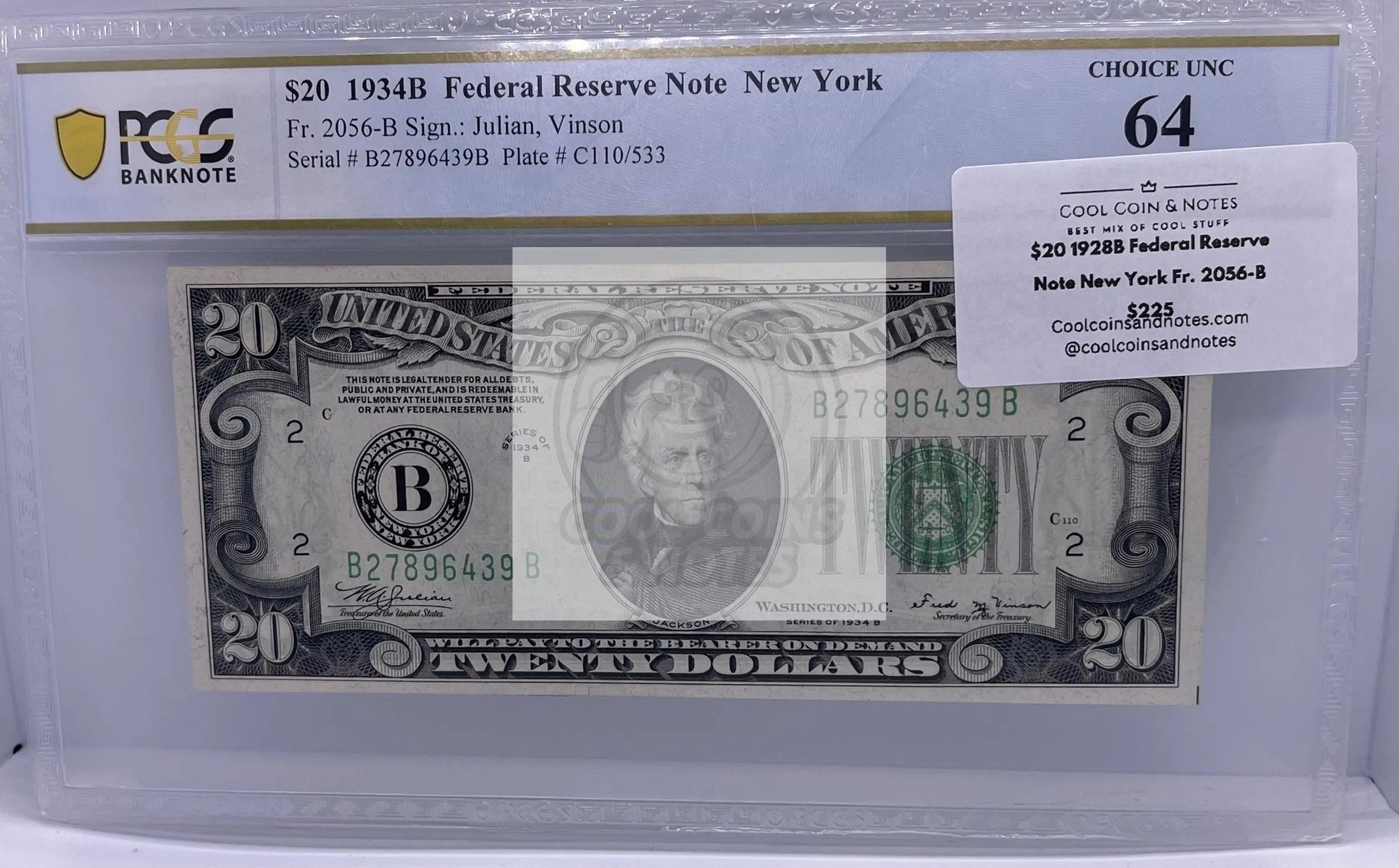$20 1928B Federal Reserve Note New York Fr. 2056-B "LIGHT GREEN SEAL" PCGS 64 Ch - Cool Coins & Notes