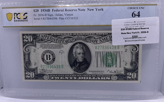 $20 1928B Federal Reserve Note New York Fr. 2056-B "LIGHT GREEN SEAL" PCGS 64 Ch