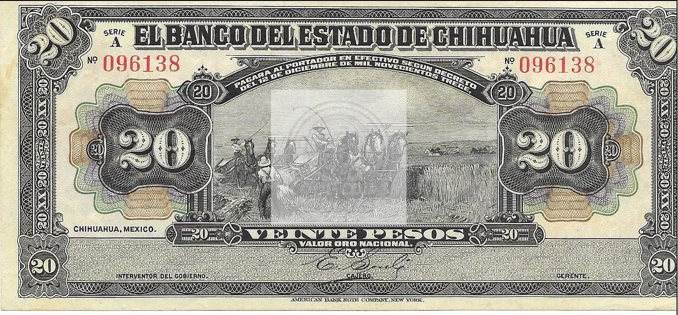20 Pesos Harvesting 1913 Chihuahua Mexico Series A UNC - Cool Coins & Notes