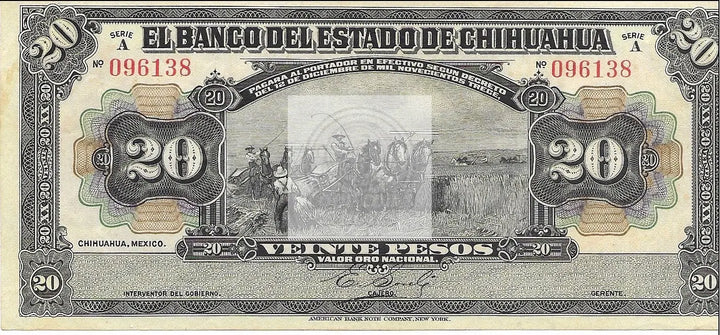 20 Pesos Harvesting 1913 Chihuahua Mexico Series A UNC - Cool Coins & Notes