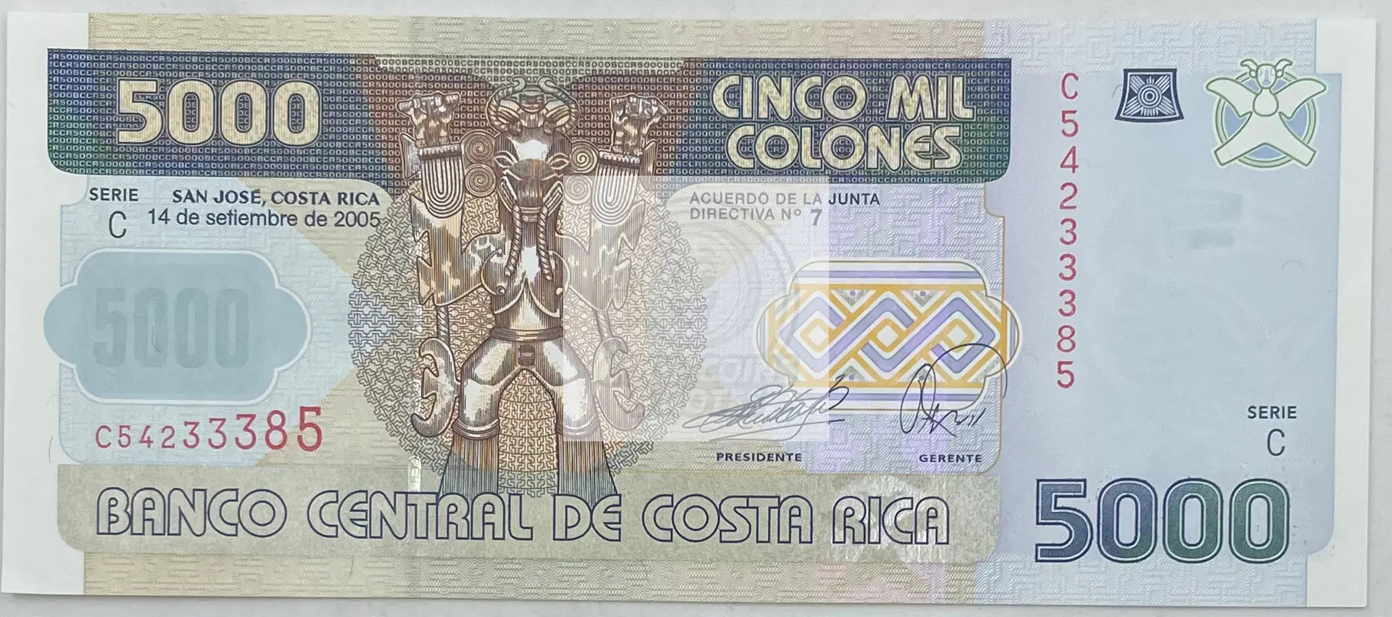 2005 Costa Rica 5,000 Colones UNC banknote featuring Alfredo González Flores and Poás Volcano illustration