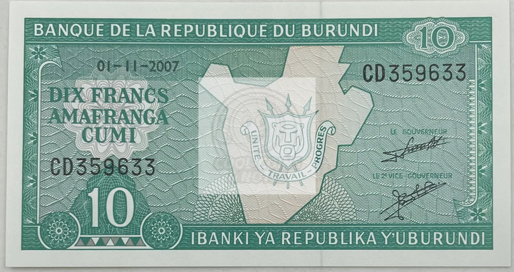 Burundi 2007 10 Francs P-33 UNC Banknote front view