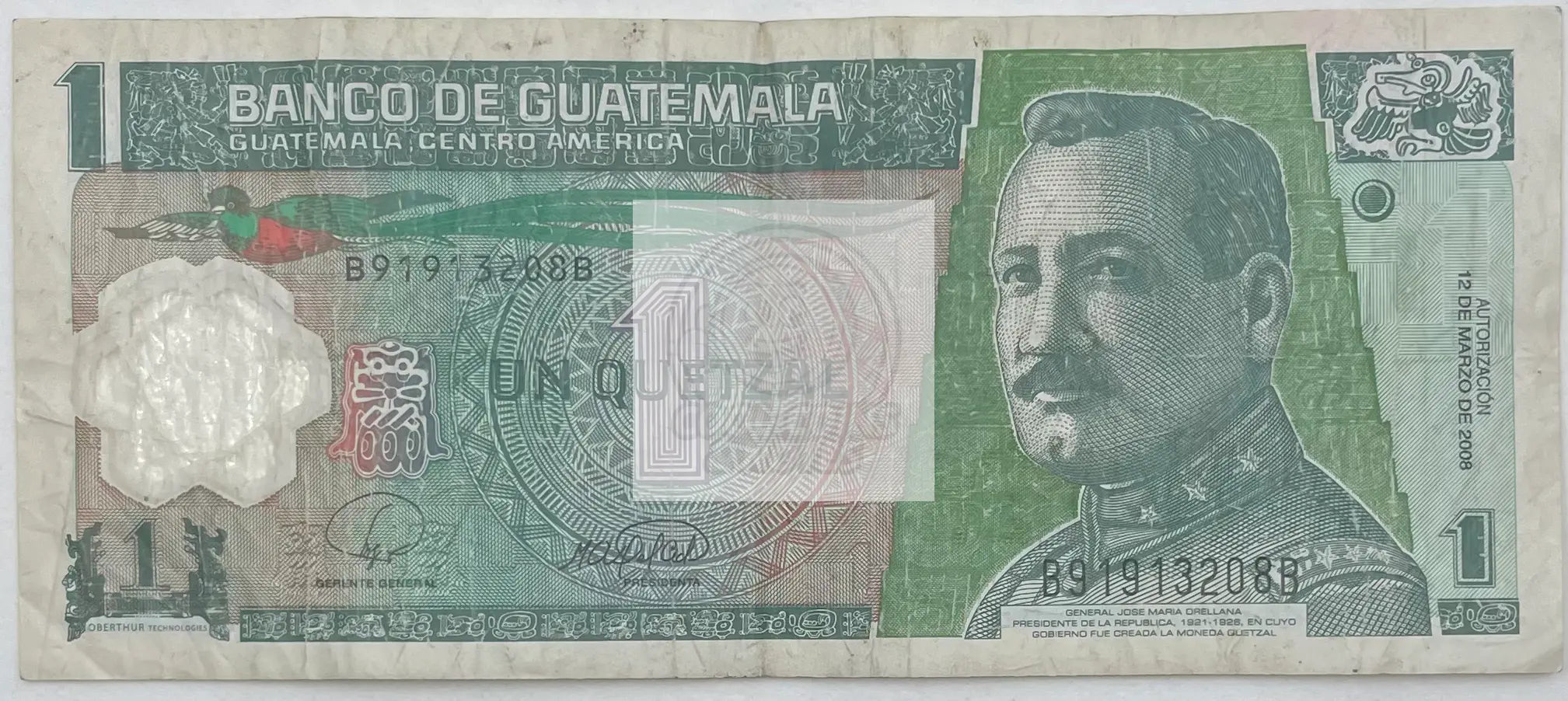 2008 Guatemala  1 Quetzal  P-115 Used World Banknote - Cool Coins & Notes