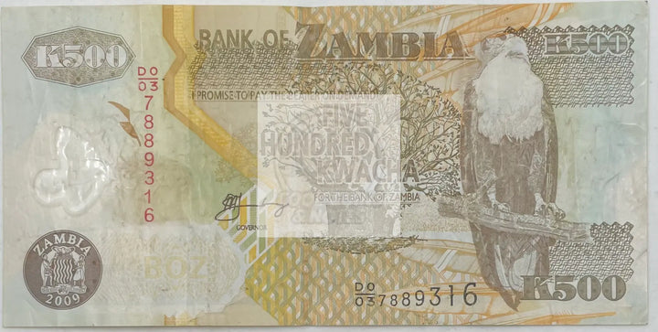 2009 Zambia 500 Kwach P-43b Polymer, Used World Banknote - Cool Coins & Notes