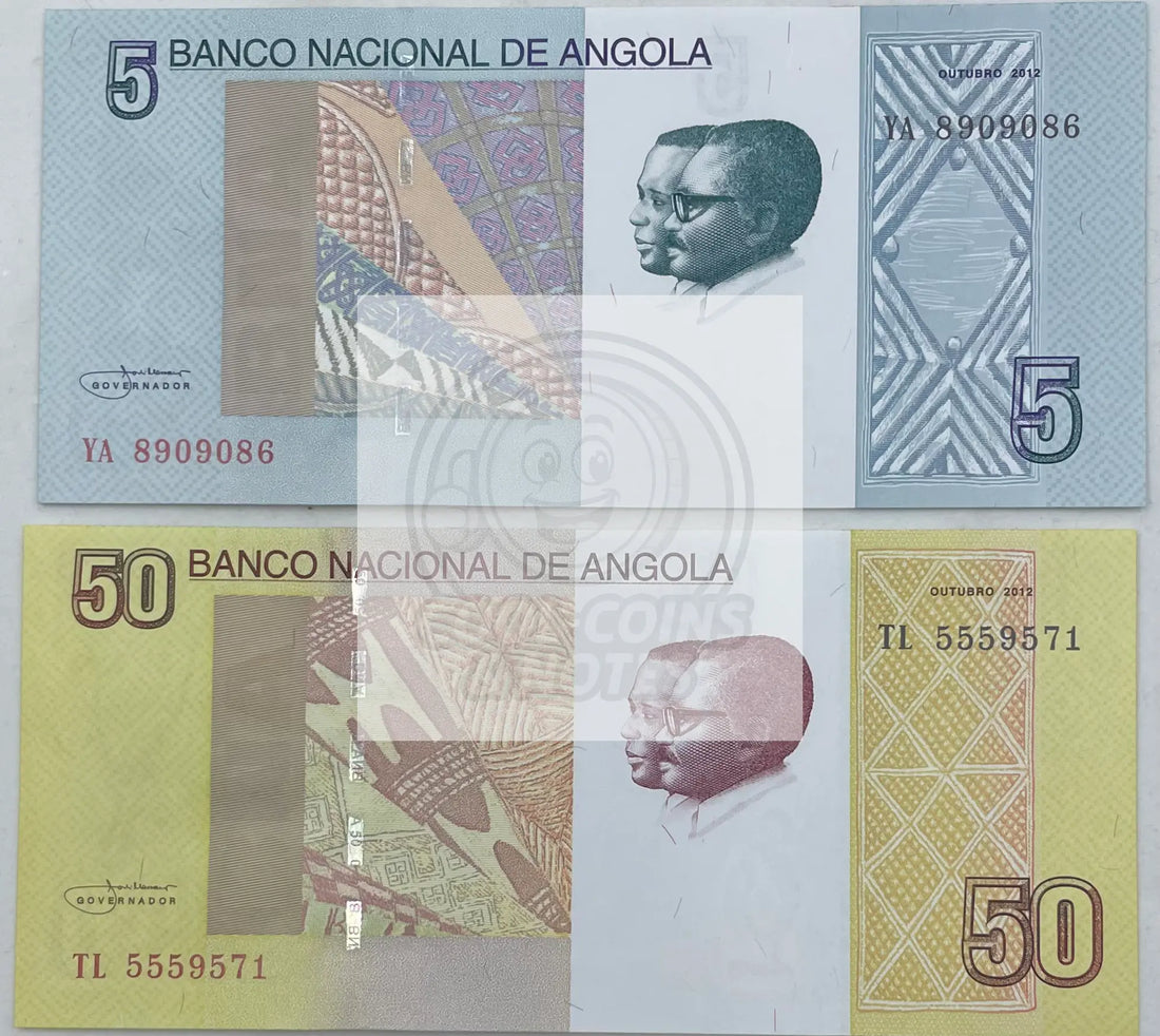 2012 Angola 5 & 50 Kwanzas UNC World Banknote (2 Notes) - Cool Coins & Notes