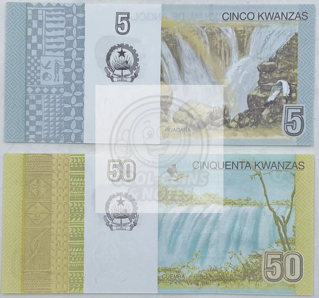 2012 Angola 5 & 50 Kwanzas UNC World Banknote (2 Notes) - Cool Coins & Notes