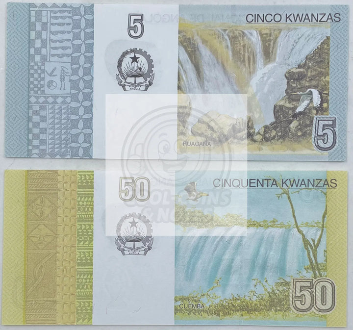 2012 Angola 5 & 50 Kwanzas UNC World Banknote (2 Notes) - Cool Coins & Notes
