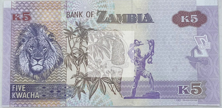 2012 Zambia 5 Kwacha P-50a UNC Lion World Banknote - Cool Coins & Notes