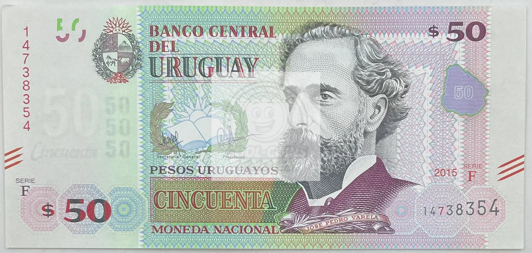 2015 Uruguay 50 Pesos P-94 UNC banknote front and back view