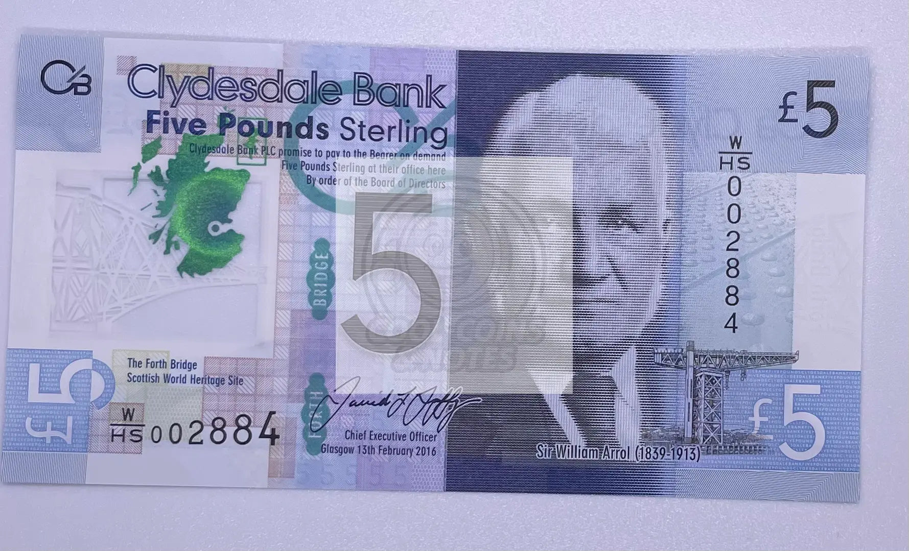 2016 Scotland 5 Pounds Sterling Polymer P-229 UNC Banknote - Cool Coins & Notes