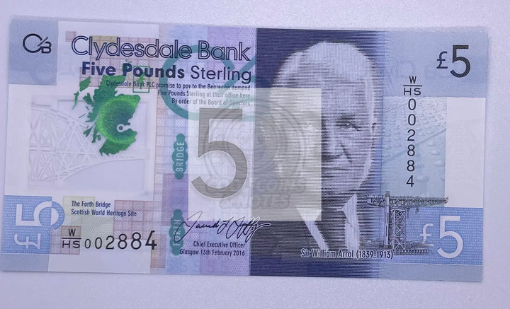 2016 Scotland 5 Pounds Sterling Polymer P-229 UNC Banknote - Cool Coins & Notes