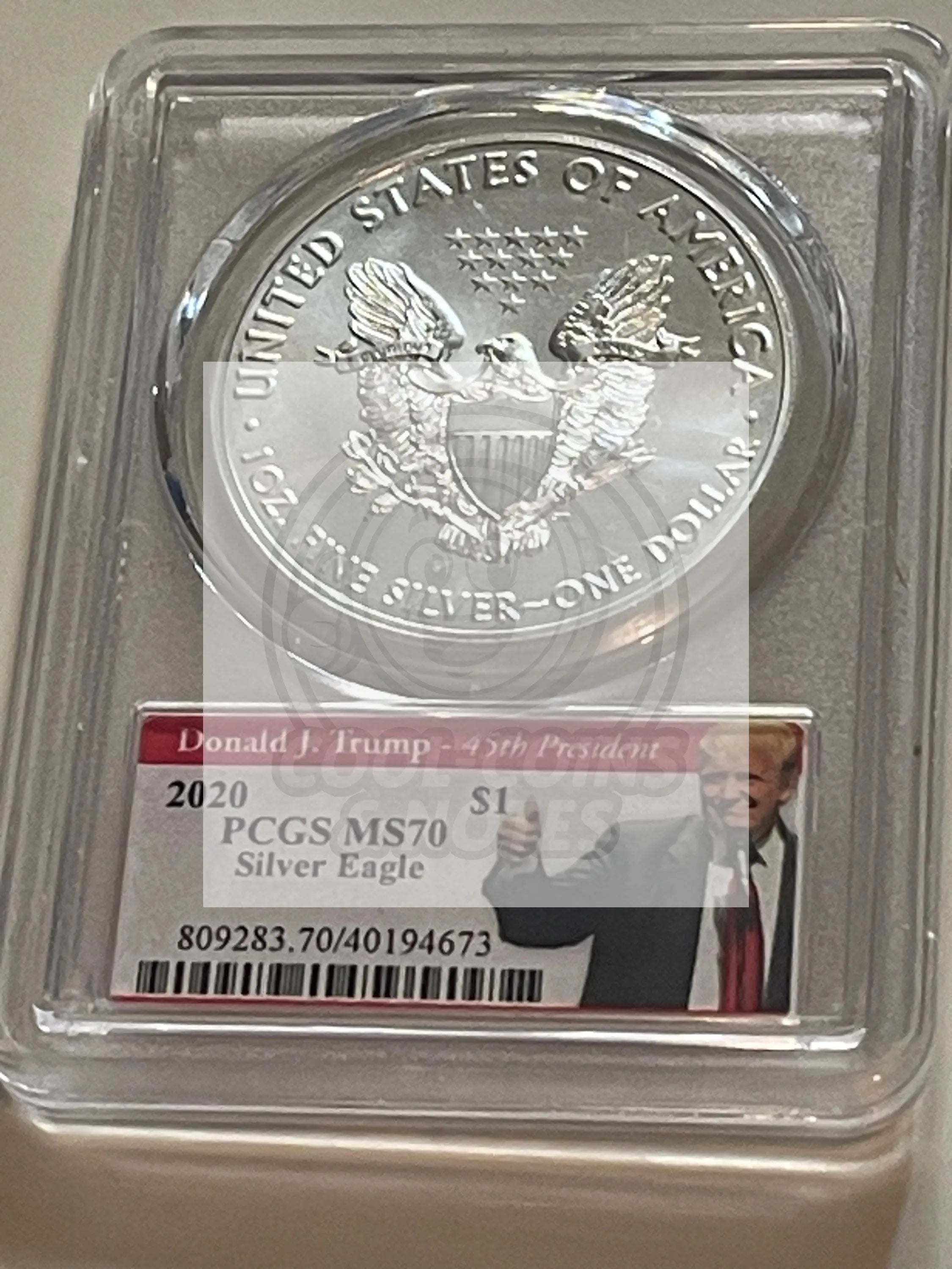 2020 Donald J Trump Label MS 70 Silver Eagle 1rst Strike 45th President PCGS - Cool Coins & Notes