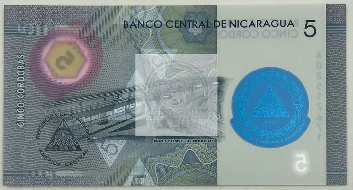 2020 Nicaragua 5 Cordobas 60th Comm Polymer P-W219 UNC Banknote - Cool Coins & Notes