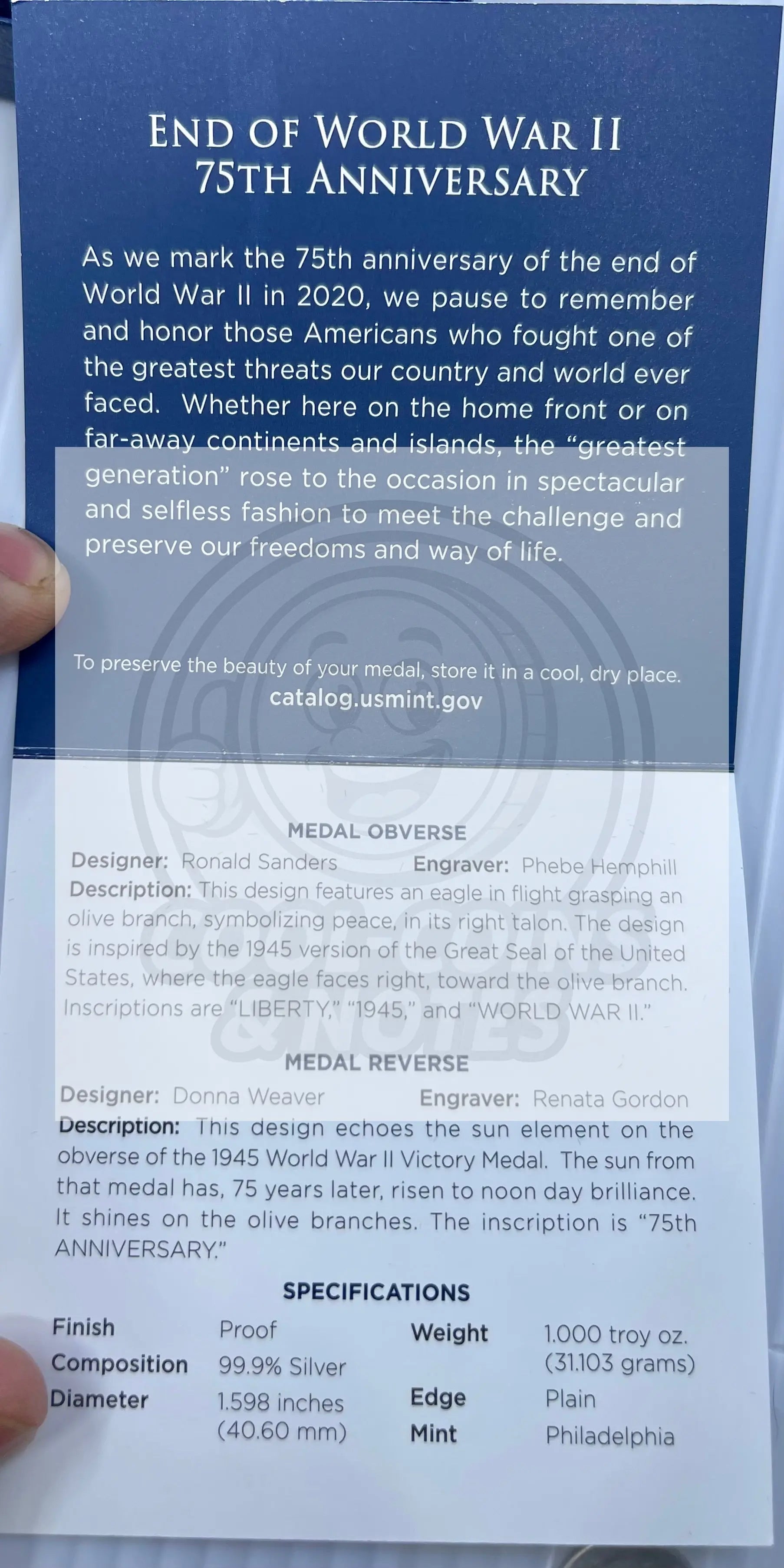 2020 SILVER MEDAL END OF WORLD WAR II IN ORIGINAL BOX/COA 1 OZ .999 WW2 - Cool Coins & Notes