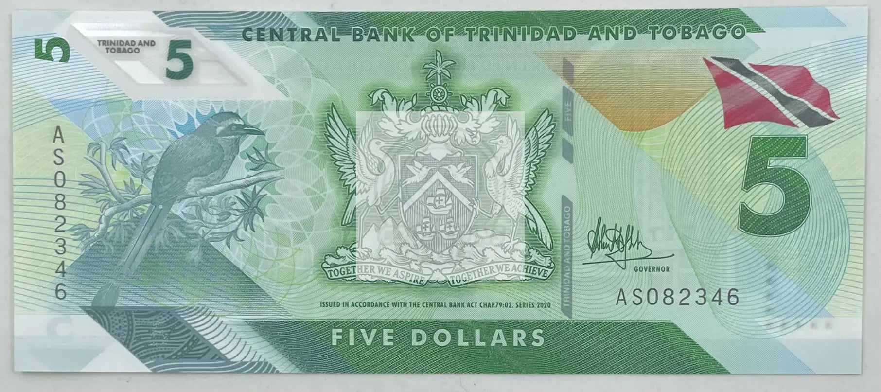 2020 Trinidad and Tobago $5 polymer banknote featuring Kamla Persad-Bissessar and the Red House in uncirculated condition