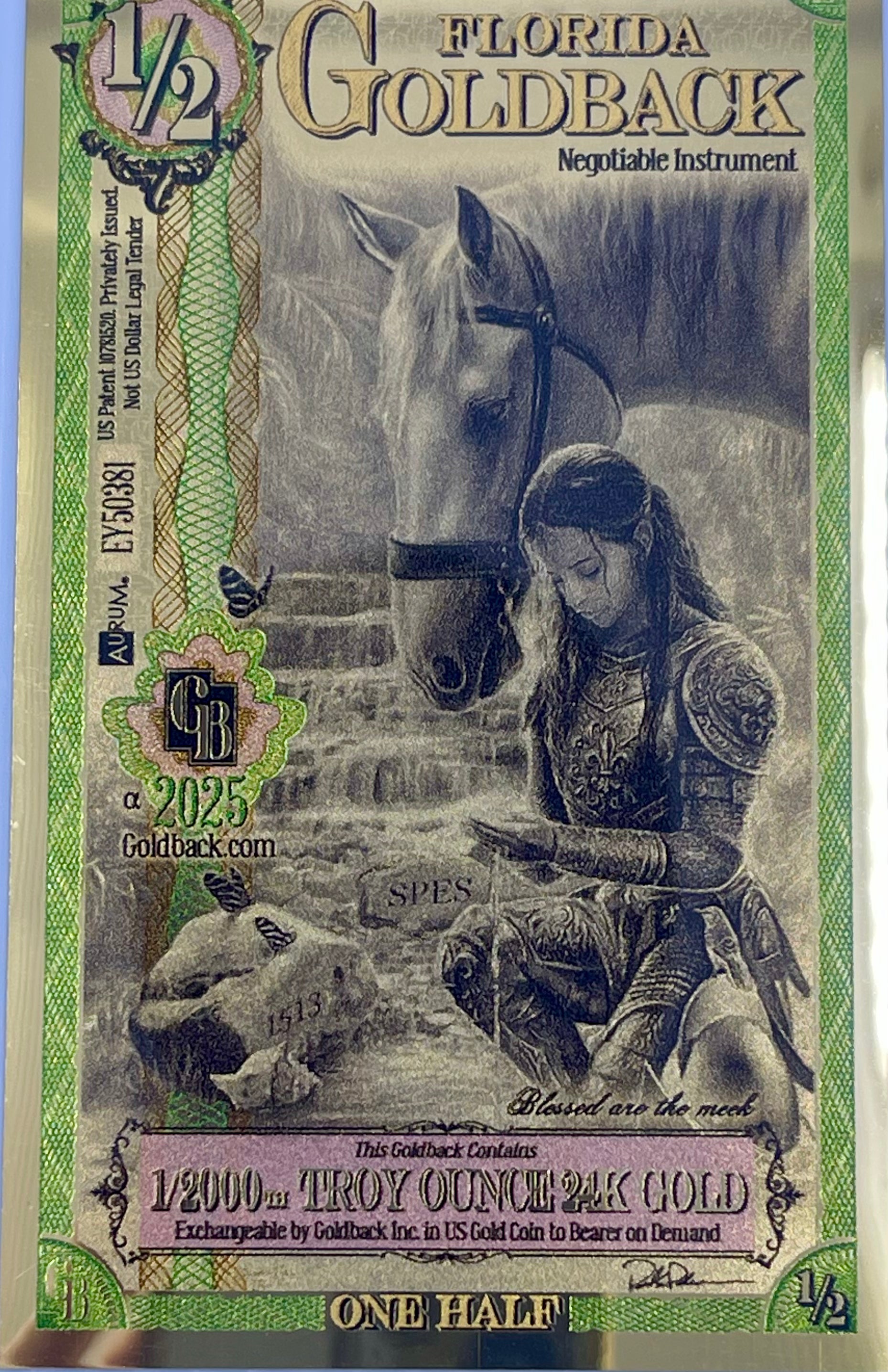 2025 1/2 Florida Goldback 24KT .999 Gold Foil Note 1/2000th oz UNC Banknote - Cool Coins & Notes