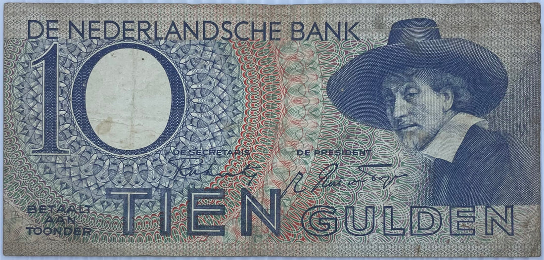 1943 Netherlands 10 Gulden P-58 Used World Banknote
