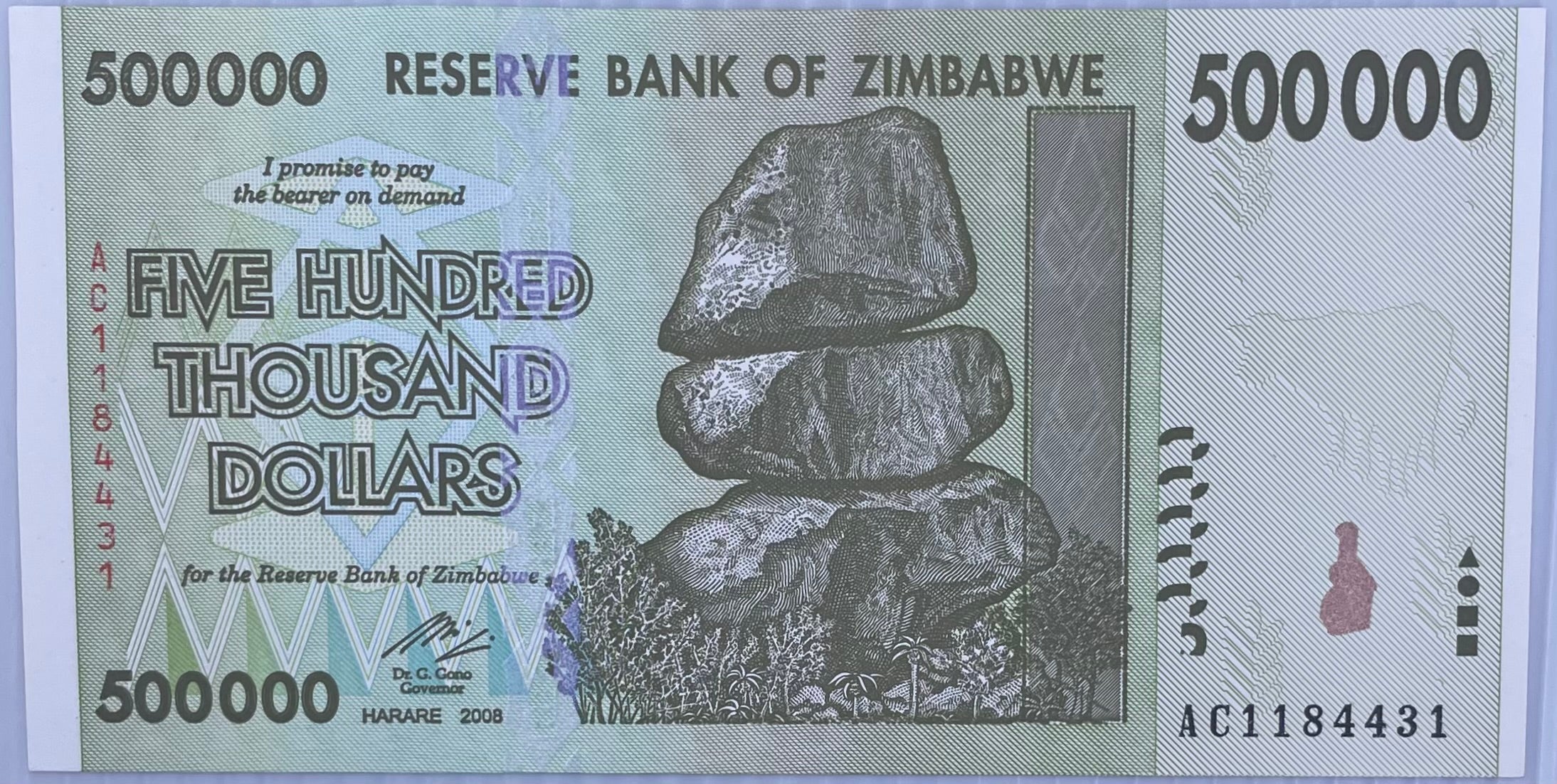 2008 Zimbabwe $500,000 Dollars P-76 UNC World Banknote
