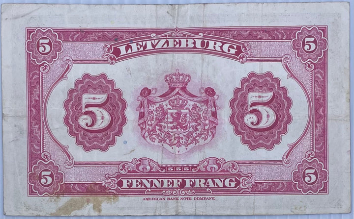 Luxembourg 1944 5 Francs P43a used banknote with intricate WWII design and national portraits