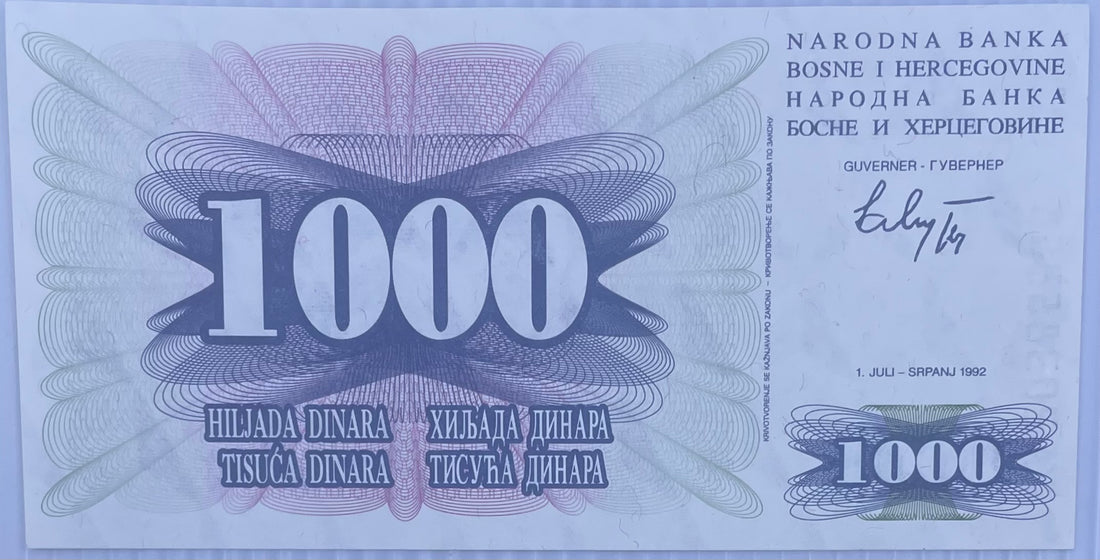 1992 Bosnia 1000 Dinara P-15 UNC World Banknote