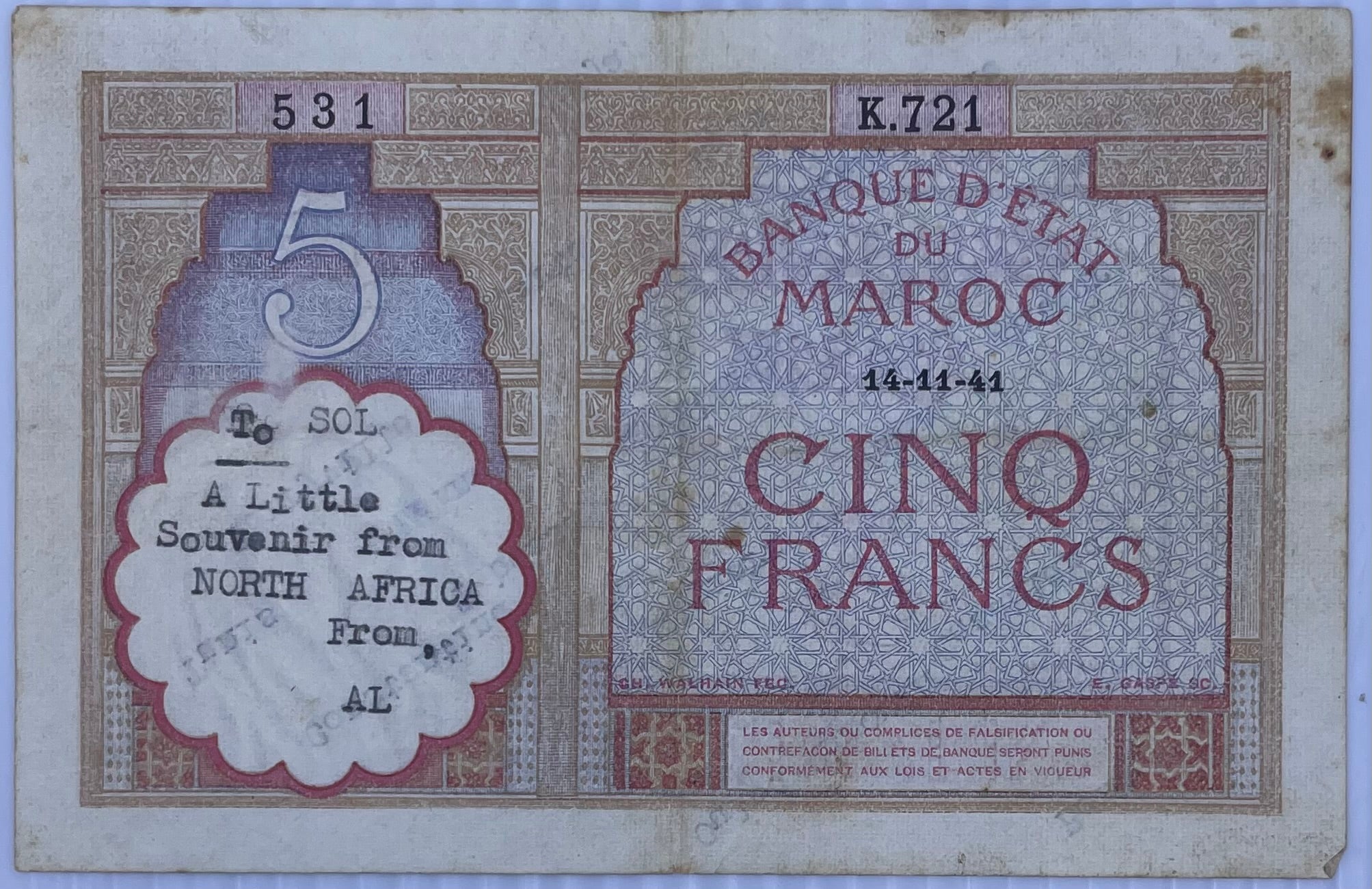 1941 Morocco 5 Francs P-23 Used World Banknote