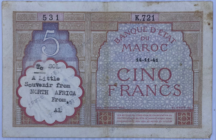 1941 Morocco 5 Francs P-23 Used World Banknote
