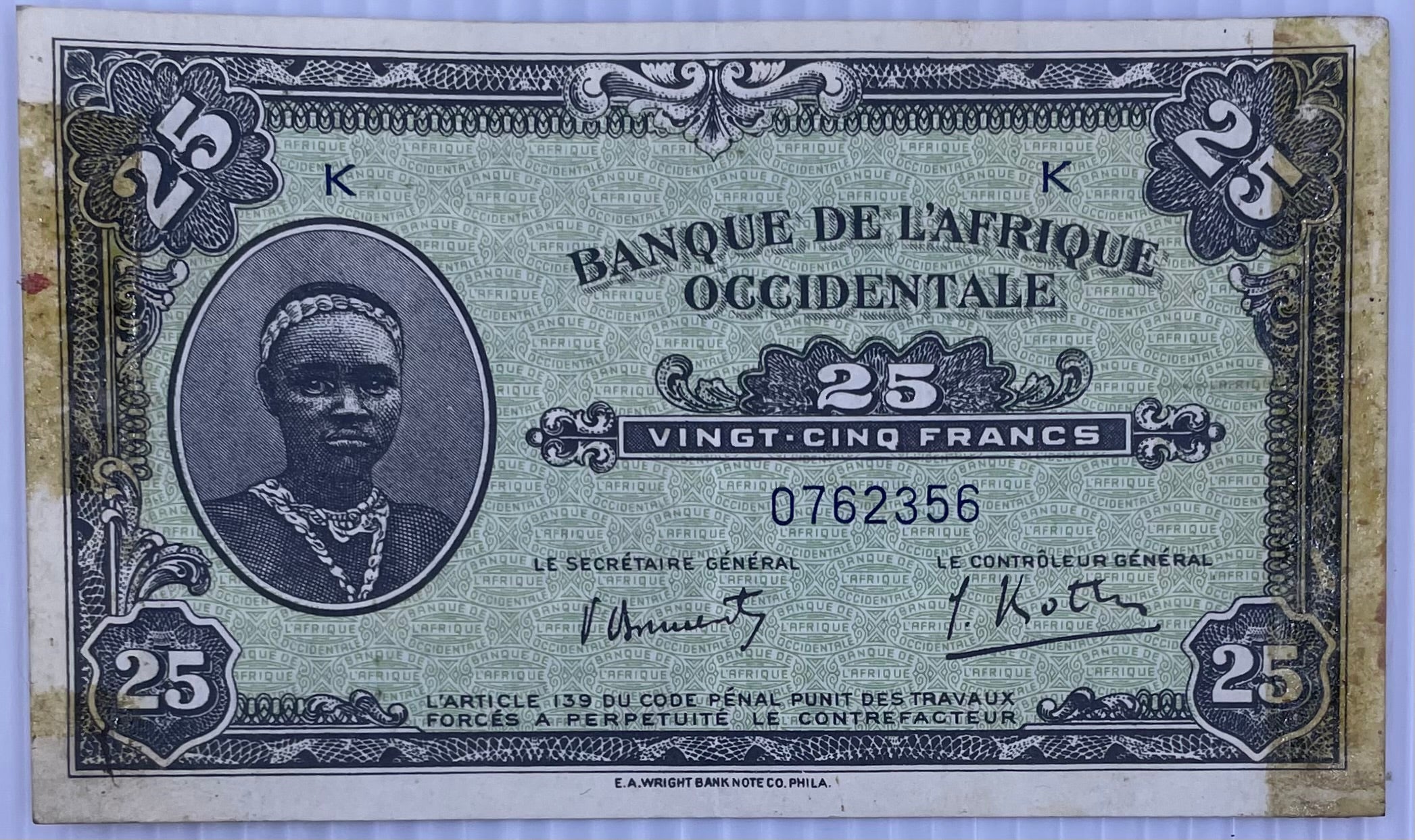 1942 French West Africa 25 France P-30 Circulated World Banknote
