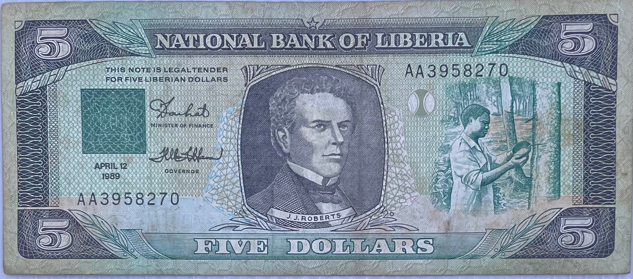 LIBERIA 5 DOLLARS 1989 P19, Used World Banknote Currency