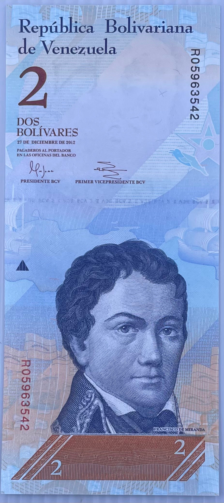 2012 2 Bolívares Venezuela uncirculated banknote pristine condition