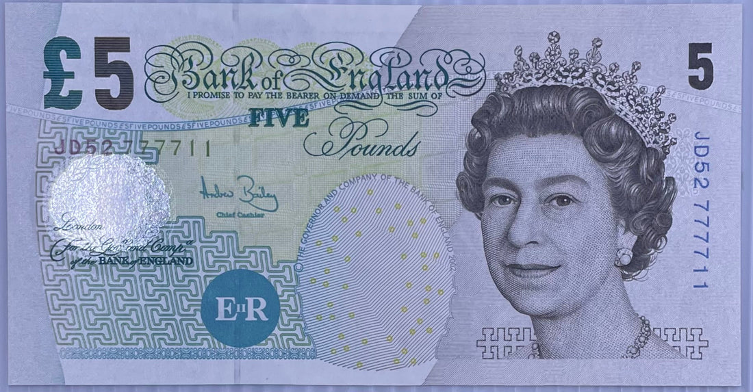 2002 (2004) England 5 Pounds QEII P-391C UNC Banknote front view