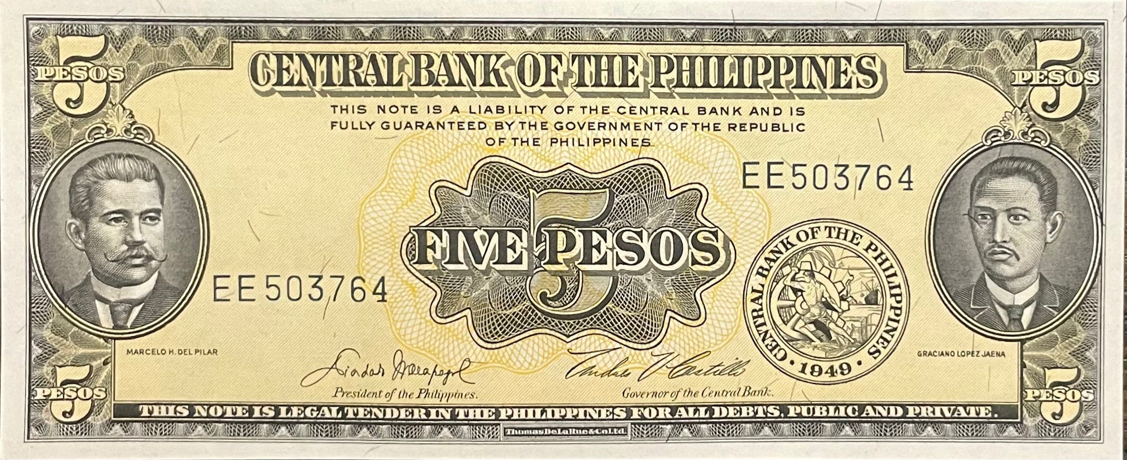 1949 Philippines 5 Pesos P-135e UNC banknote front view