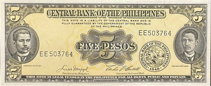 1949 Philippines 5 Pesos P-135e UNC banknote front view