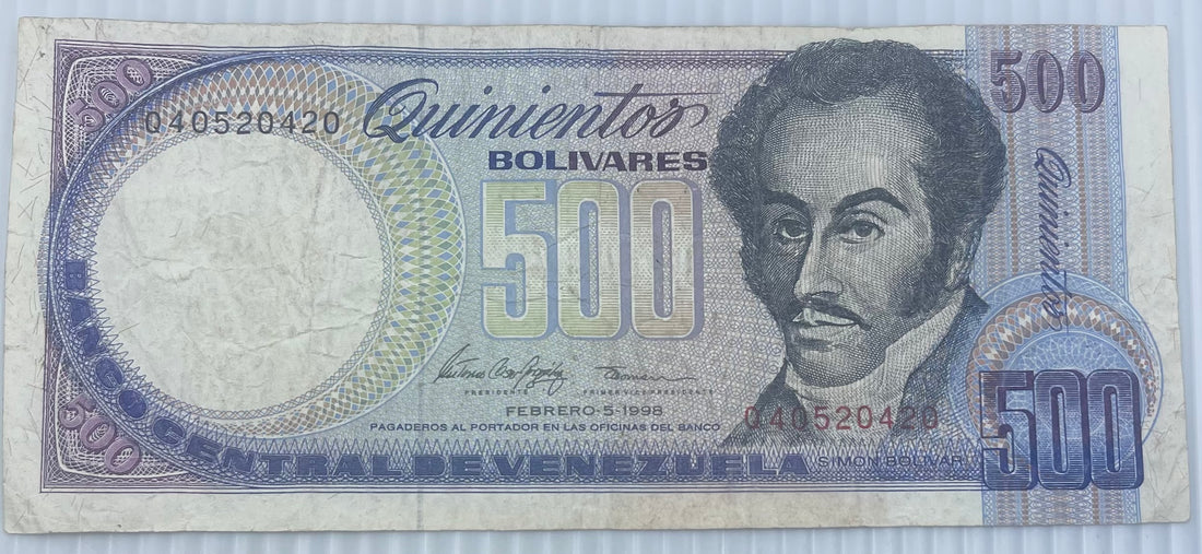 1995 500 Bolivars Banknote Venezuela P67e, Circulated World Banknote Currency From Lot