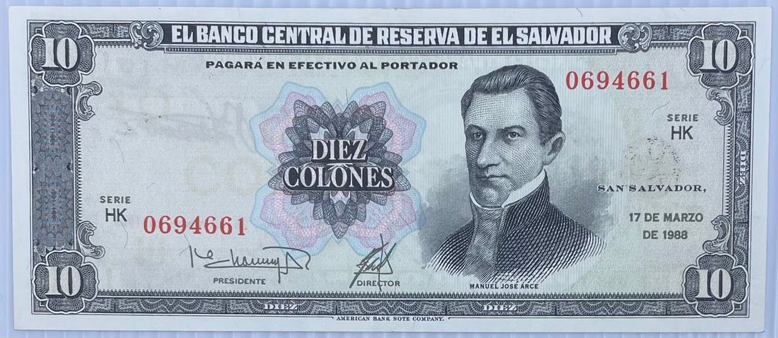 1988 El Salvador 10 Colones P-135 World Banknote