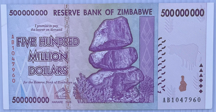 2008 Zimbabwe $500 Million Dollars P-82 UNC World Banknote