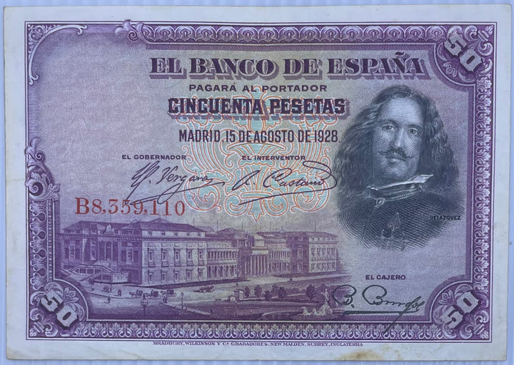 1928 Spain 50 Pesetas P-75 Circulated World Banknote
