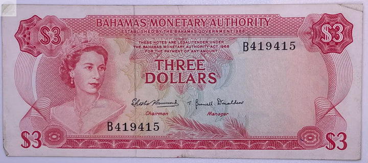 $3 Bahamas Monetary Authority P28a 1968 $3 Banknote - Cool Coins & Notes