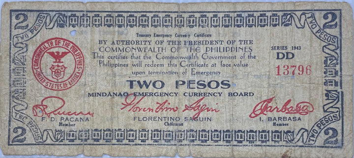 Philippines 1943 Mindanao 2 Peso P-S496 Emergency WW2 Used World Banknote