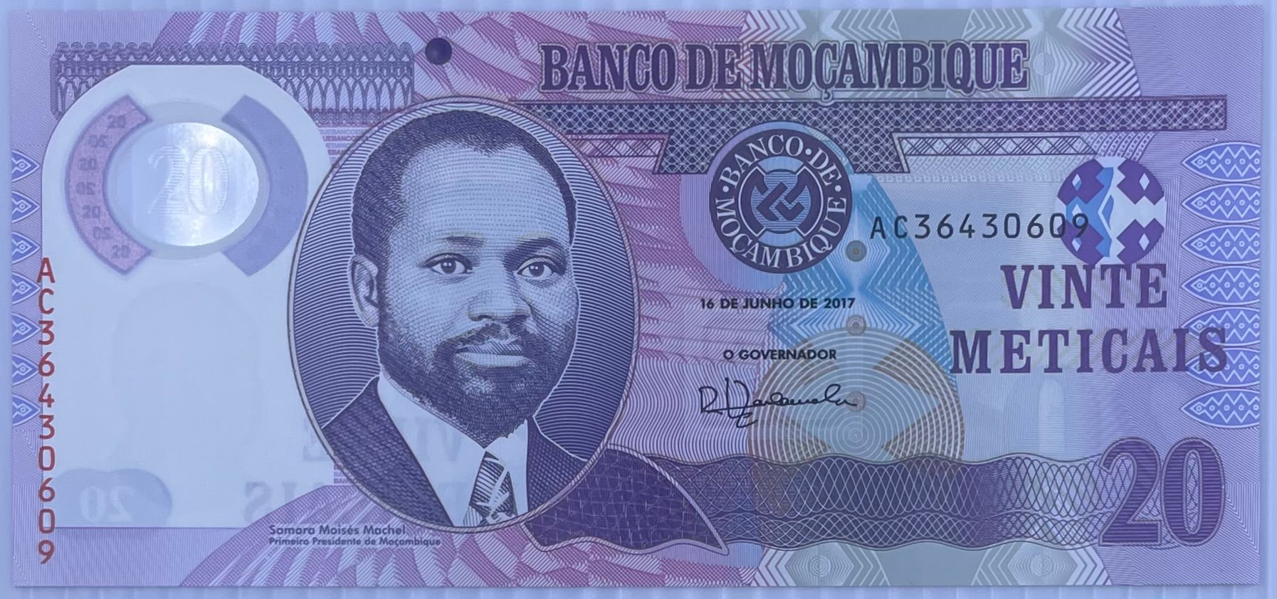 2017 Mozambique 20 Meticais banknote featuring a rhinoceros design in uncirculated condition