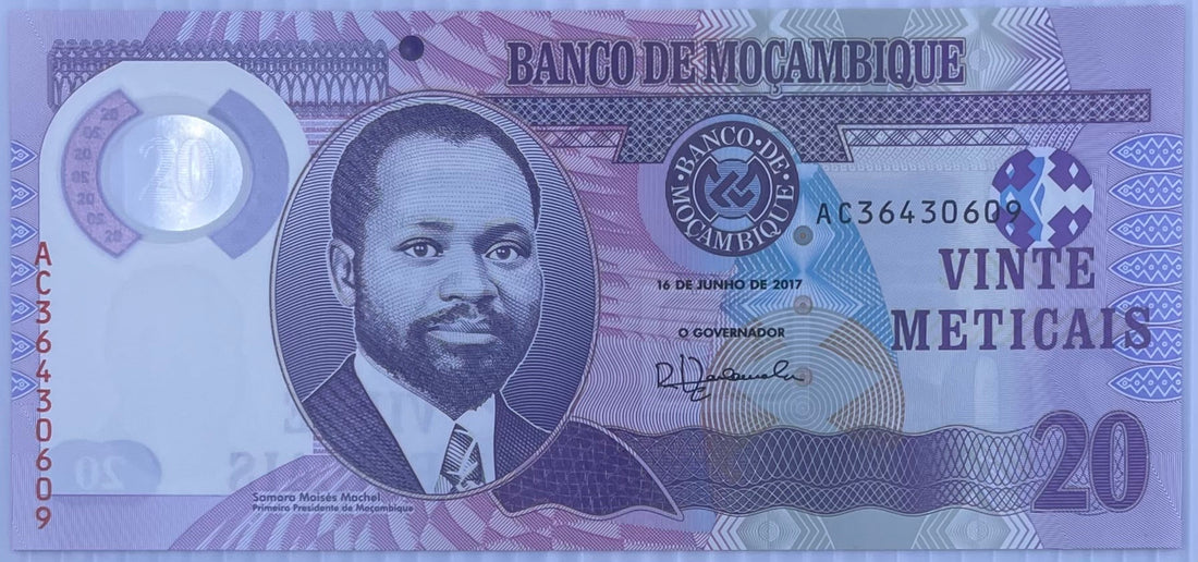 2017 Mozambique 20 Meticais banknote featuring a rhinoceros design in uncirculated condition