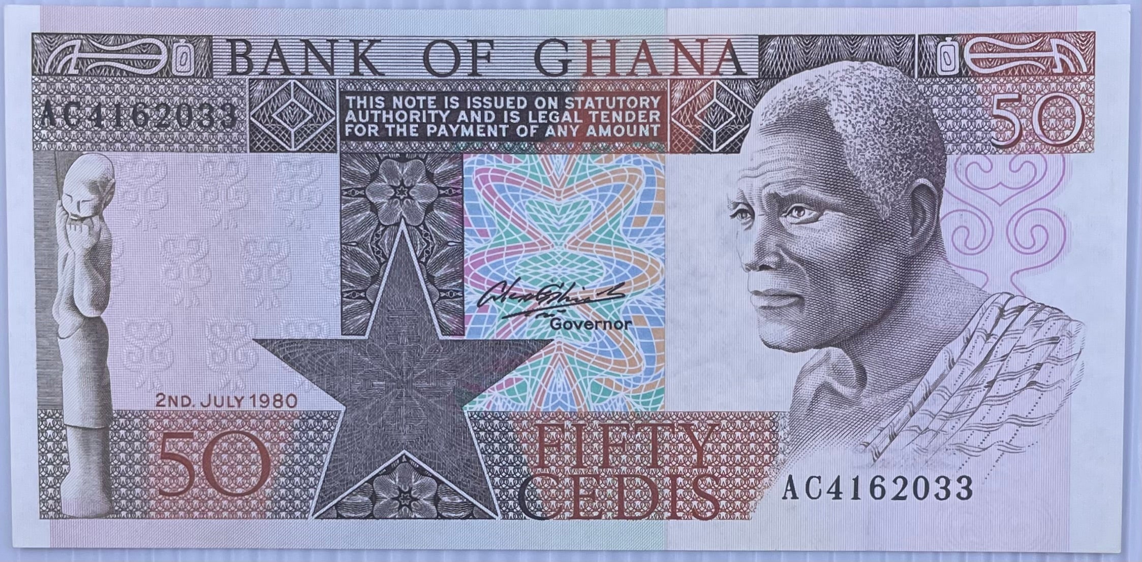 1980 Ghana 50 Cedis banknote featuring Kwame Nkrumah in uncirculated condition