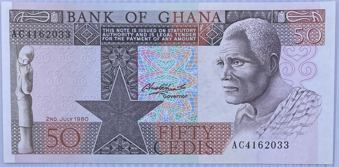 1980 Ghana 50 Cedis banknote featuring Kwame Nkrumah in uncirculated condition