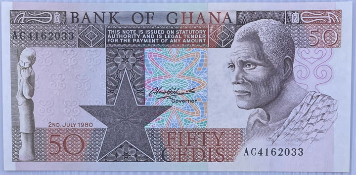 1980 Ghana 50 Cedis banknote featuring Kwame Nkrumah in uncirculated condition