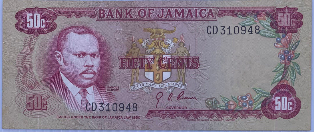 1960 Jamaica 50 Cents P-53 used banknote from 1970